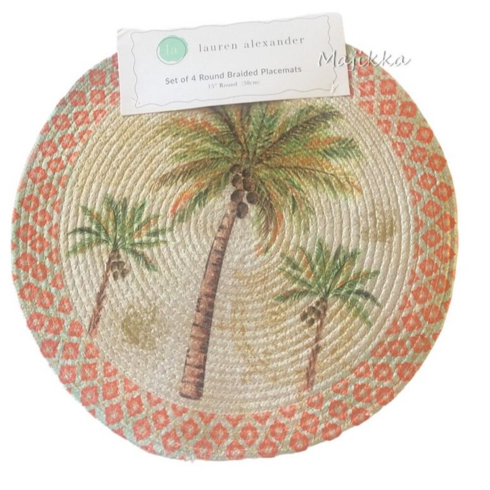 Lauren Alexander Palm Tree Placemats Set of 4 Braided Cotton 15" Rd Summer Beach